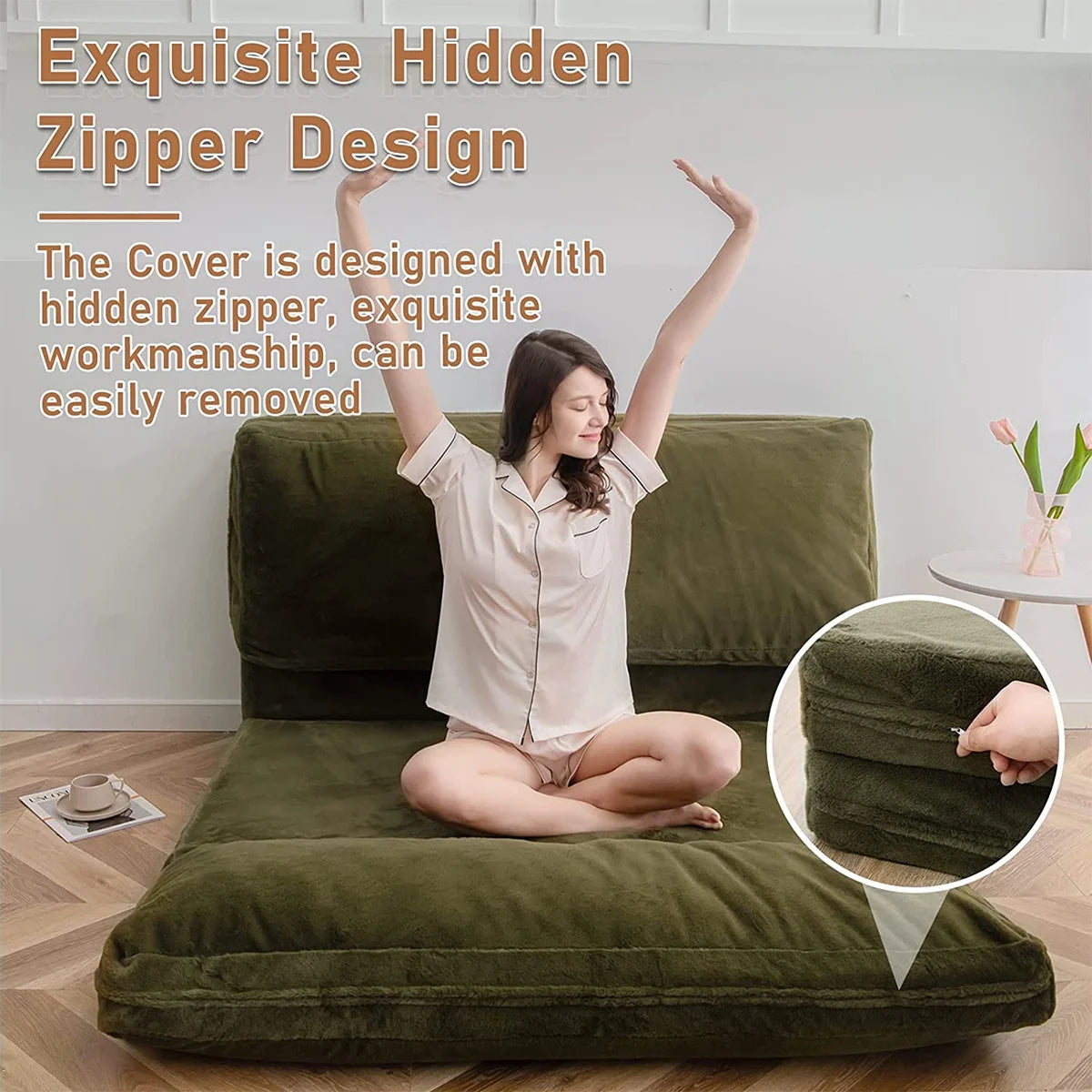 Folding Sofa Bed,Extra Thick and Long Fluffy 4 Position Convertible Flip Lounge Chair,Foam Filling Folding Matress Sofa Bean Bag with Washable Cover,Grey,39x95 Inch