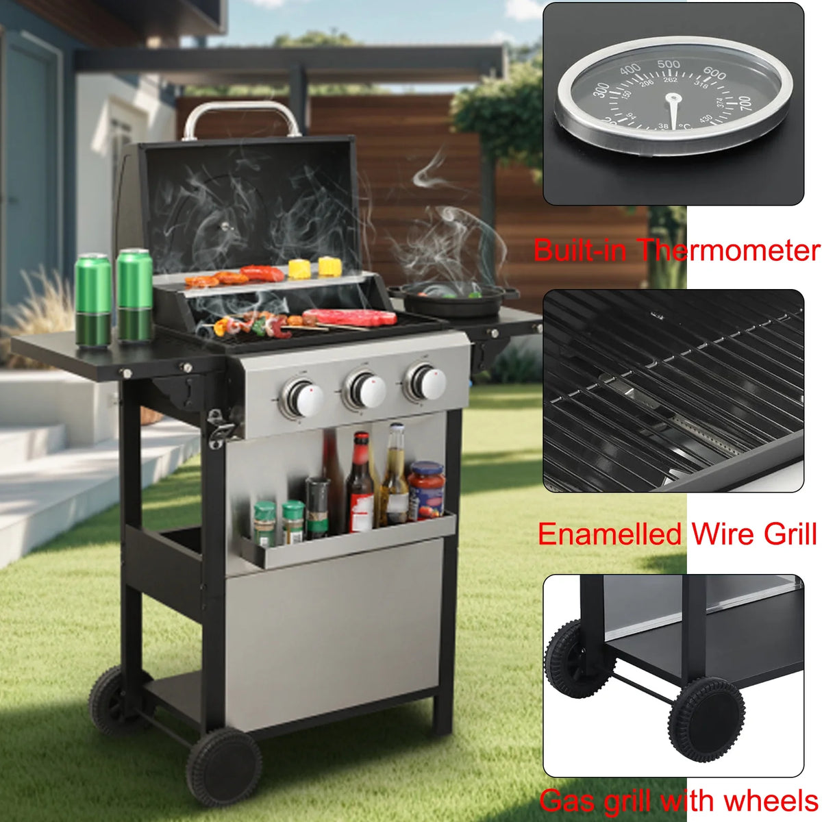 4-Burner Propane Gas BBQ Grill with Side Burner, Stainless Steel Gas Grill with Rain Cover, 40,500 BTU High-Output, Built-in Thermometer for Outdoor, Backyard, Patio BBQ Cooking