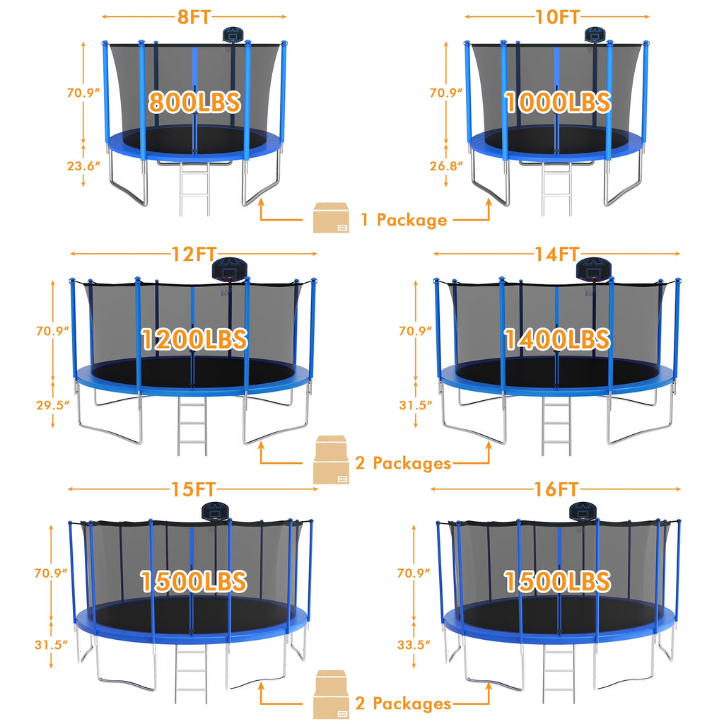 KOFUN Trampoline for Adults and Kids, 16FT 15FT 14FT 12FT 10FT 8FT Trampoline with Basketball Hoop, Enclosure Net, Ladder, Light, Anchor Kits, Heavy Duty Outdoor Backyard Trampolines, Black
