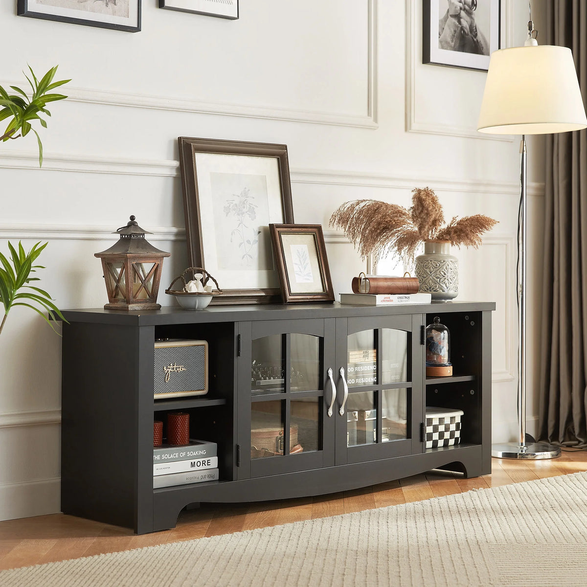 LINSY HOME Modern Farmhouse TV Stand for TVs up to 65",Home Entertainment Center with Storage Cabinet and Adjustable Shelves,Washed Grey & Brown