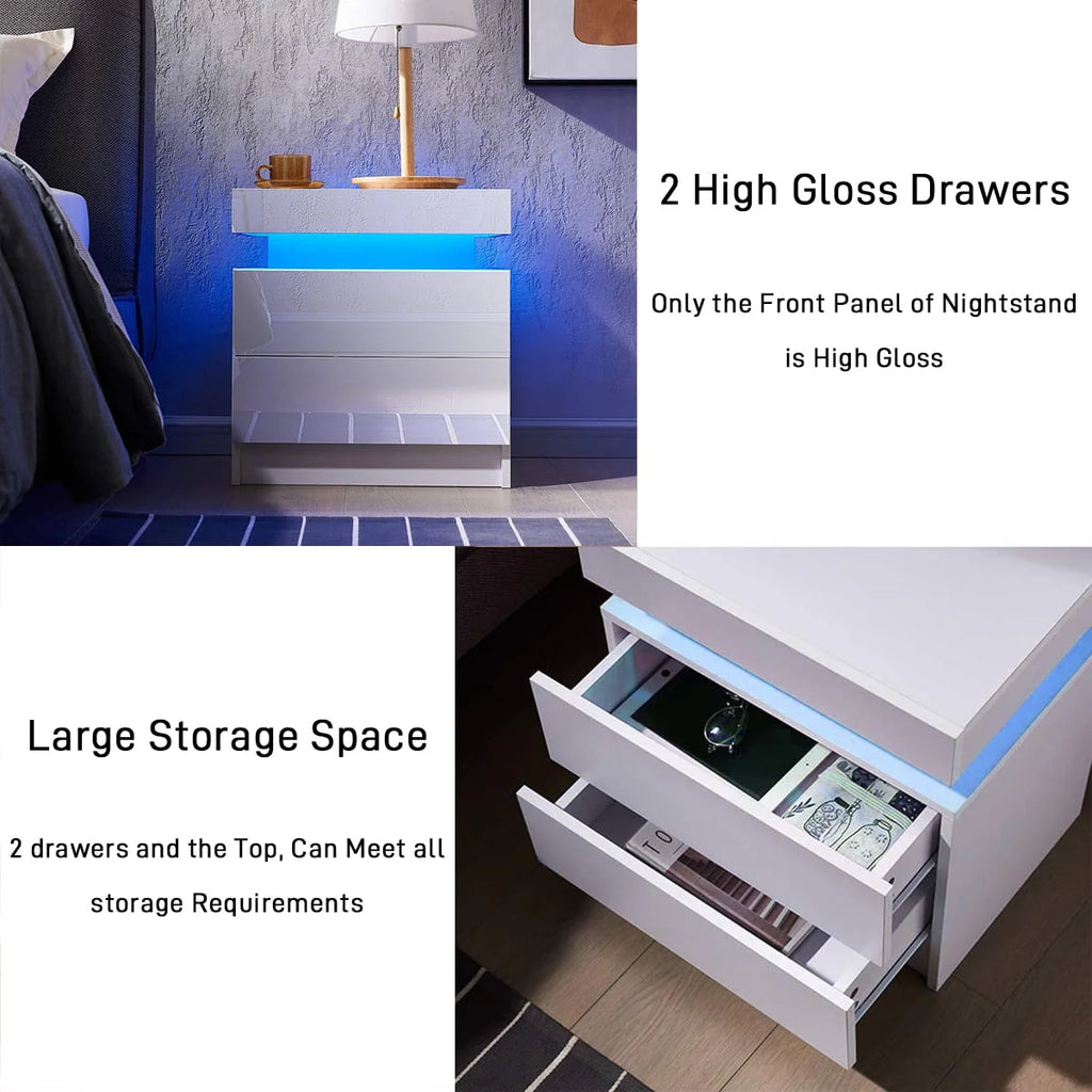 Hommpa 2 Drawer Modern Nightstand with RGB LED Light High Gloss Bedside Tables for Bedroom White
