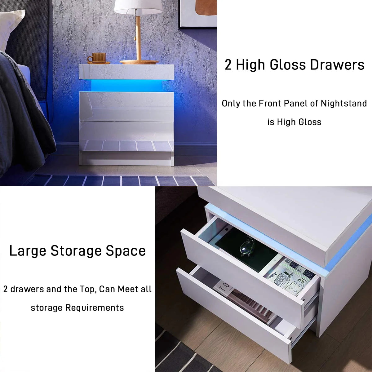 Hommpa 2 Drawer Modern Nightstand with RGB LED Light High Gloss Bedside Tables for Bedroom White