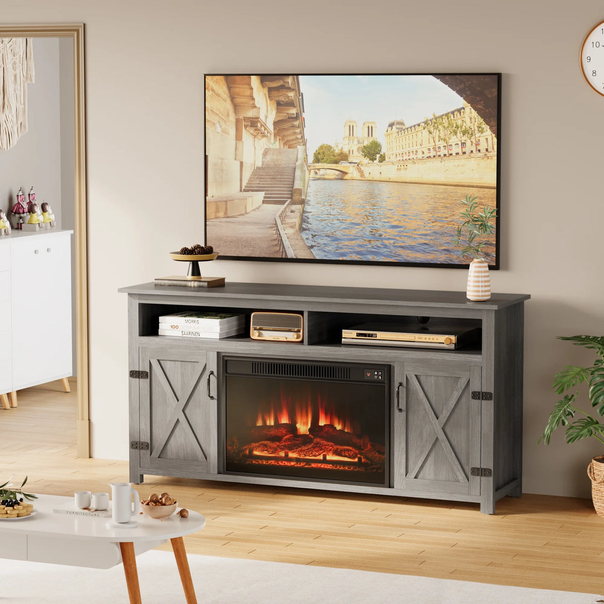 Homall Rustic 65" Television Stand with Electric Fireplace & 2 Shelves, Wood Oaken, 15.1'' W