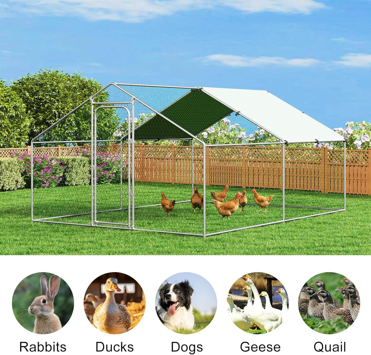 Large Metal Chicken Coop Walk-in Poultry Cage with Waterproof and UV-Resistant Cover Outdoor Chicken Run Hen Rabbit Duck House for Backyard Farm Use Spire Roof(10 W x 4.9 L x 6.4 H)