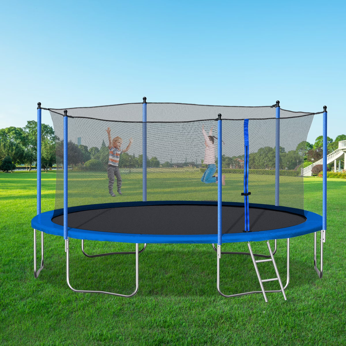 14FT Outdoor Trampoline with Safety Enclosure, Steel Tube Frame, Ladder & Secure Net - Heavy Duty, Blue