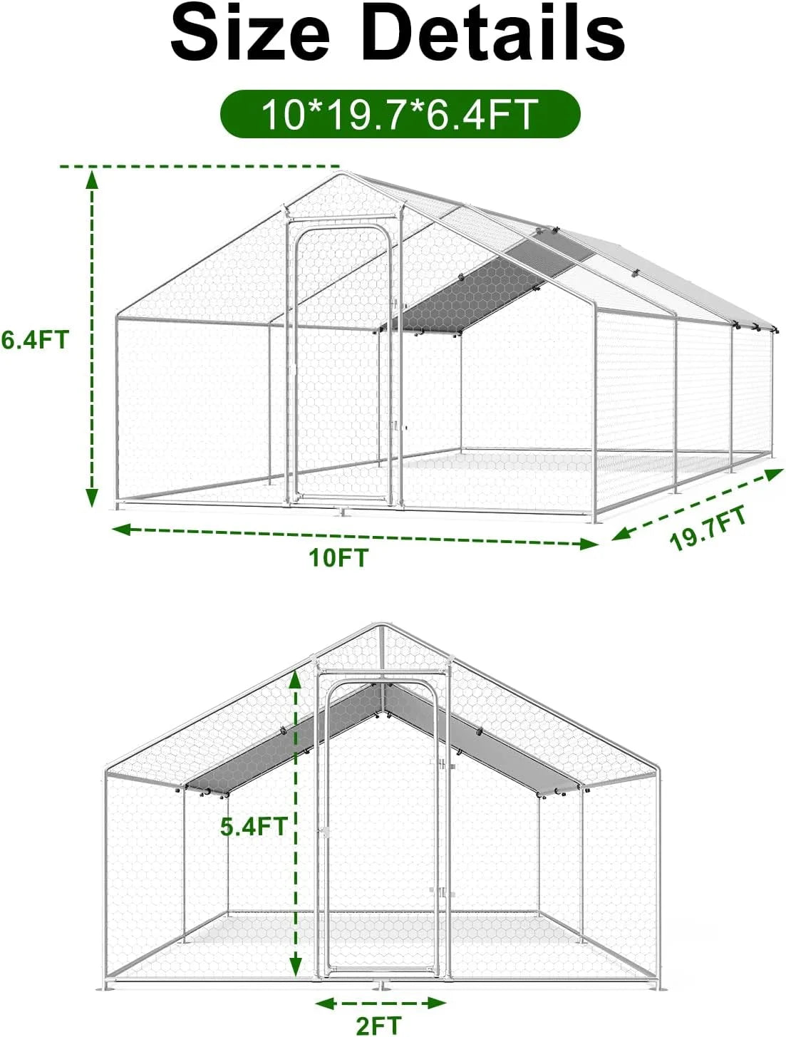 Large Metal Chicken Coop Walk-in Poultry Cage with Waterproof and UV-Resistant Cover Outdoor Chicken Run Hen Rabbit Duck House for Backyard Farm Use Spire Roof(10 W x 4.9 L x 6.4 H)