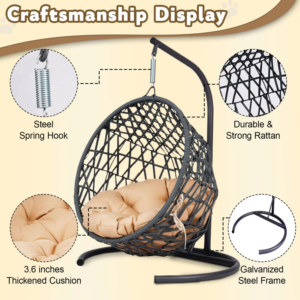 Cat Swing Bed with Stand & Cushion, Cat Egg Chair with Rattan Wicker Appearance, Indoor Hanging Swinging Cat Bed