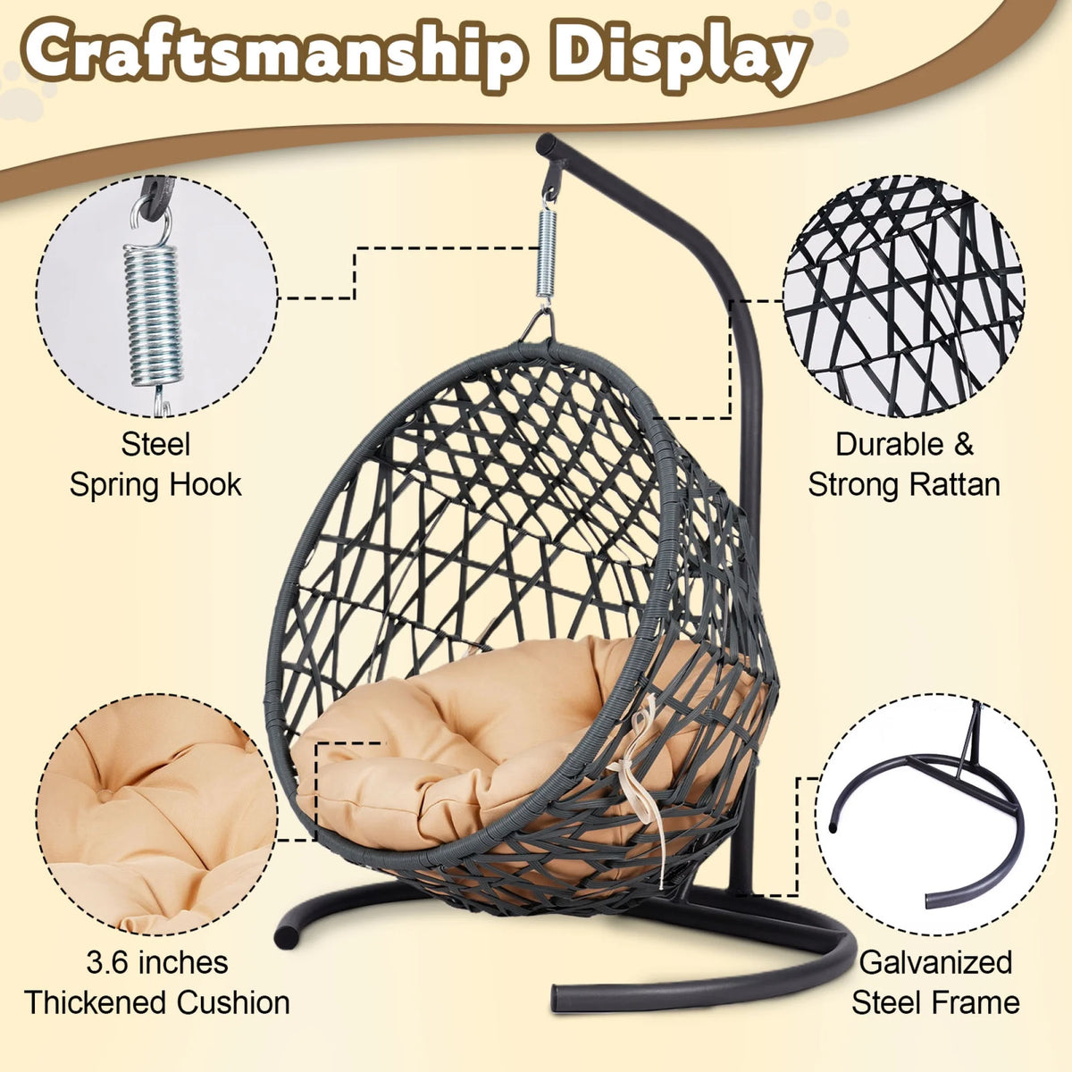Cat Swing Bed with Stand & Cushion, Cat Egg Chair with Rattan Wicker Appearance, Indoor Hanging Swinging Cat Bed