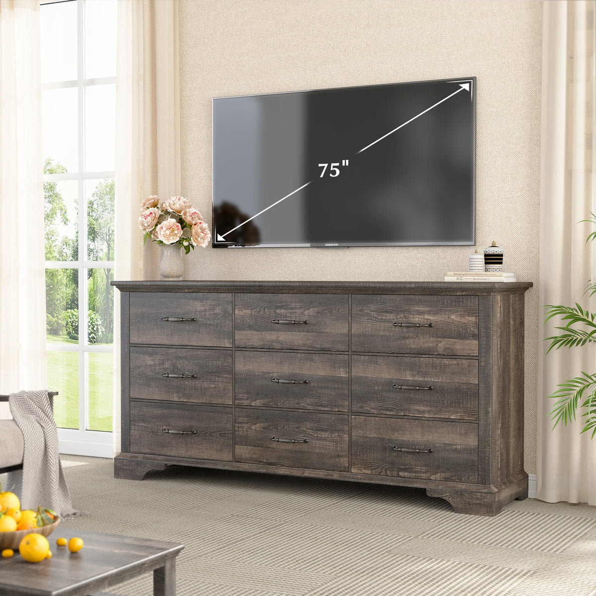 EnHomee Wood Dresser for Bedroom 9 Drawer Dressers&Chest of Drawers 63"L x 15.7"W x 31.5"H,Brown