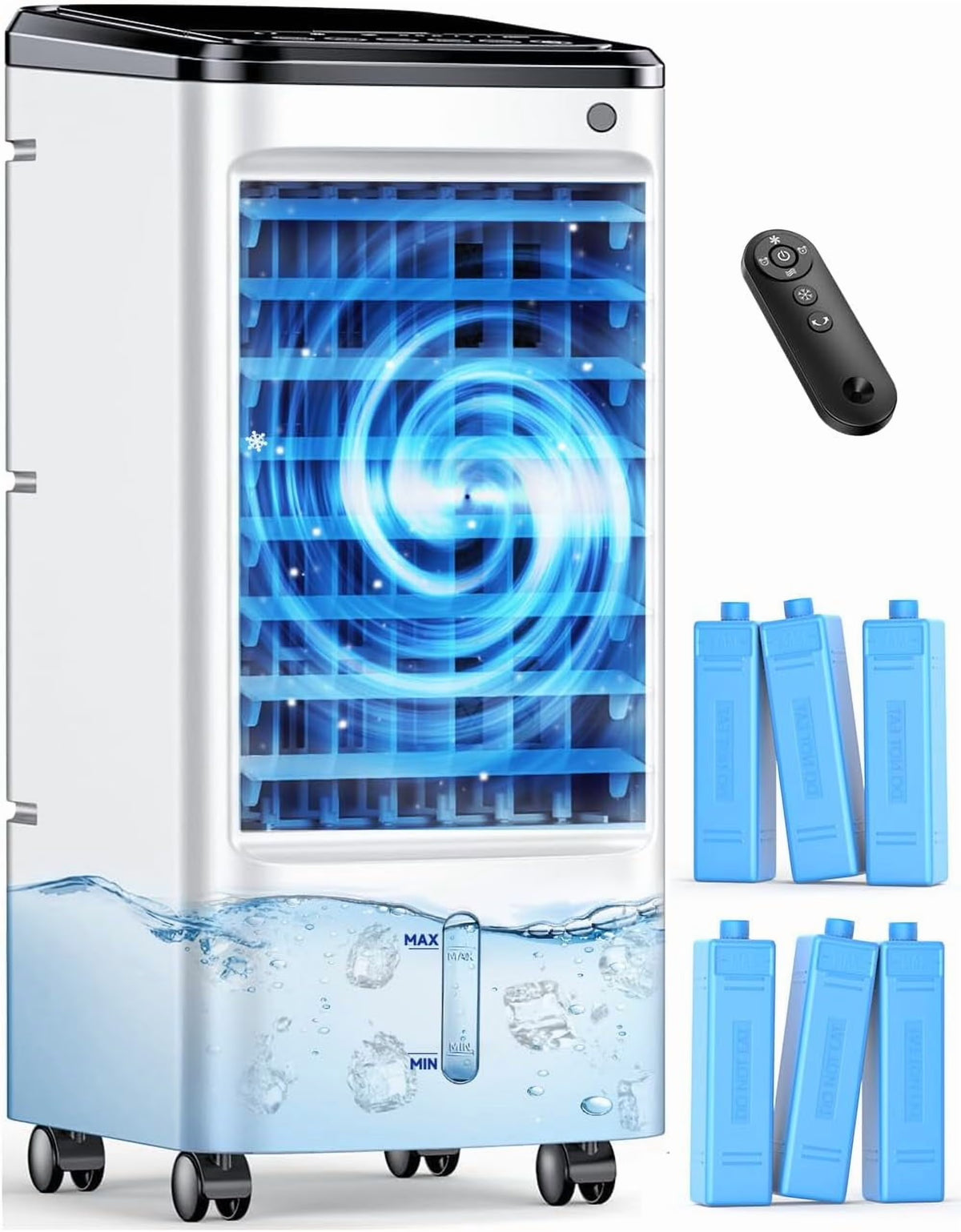 Portable Windowless Air Conditioner with 6 Ice Packs, 12H Auto-Off Smart Timer, 26Ft Remote Control, Top-Fill Dual Tank Evaporative Cooler, 3-Speed Cooling & 70 Auto-Swing for Indoor Use