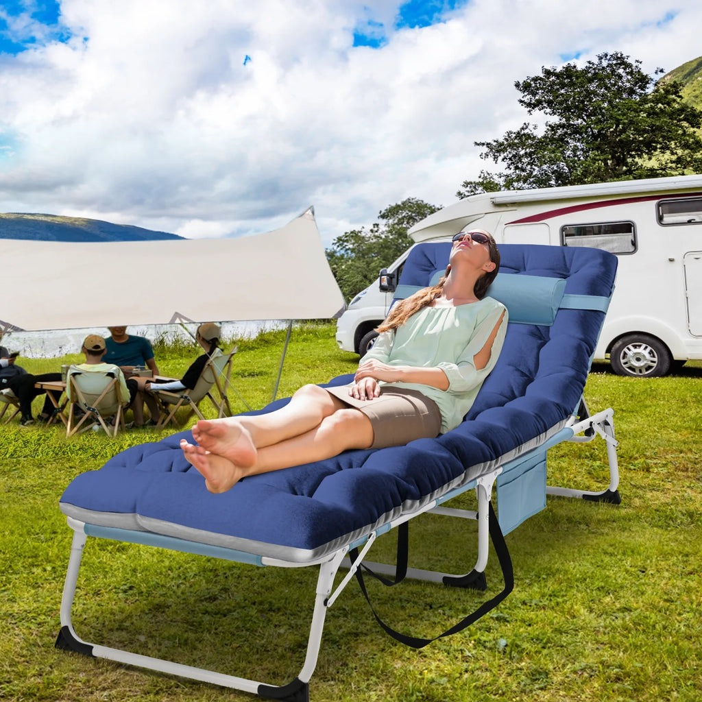 MOPHOTO Lounge Chair with Mattress, Outdoor Chaise Lounge Support 440 Lbs, Adjustable Portable Heavy Duty Sleeping Cots Bed for Camping, Pool, Beach, Patio