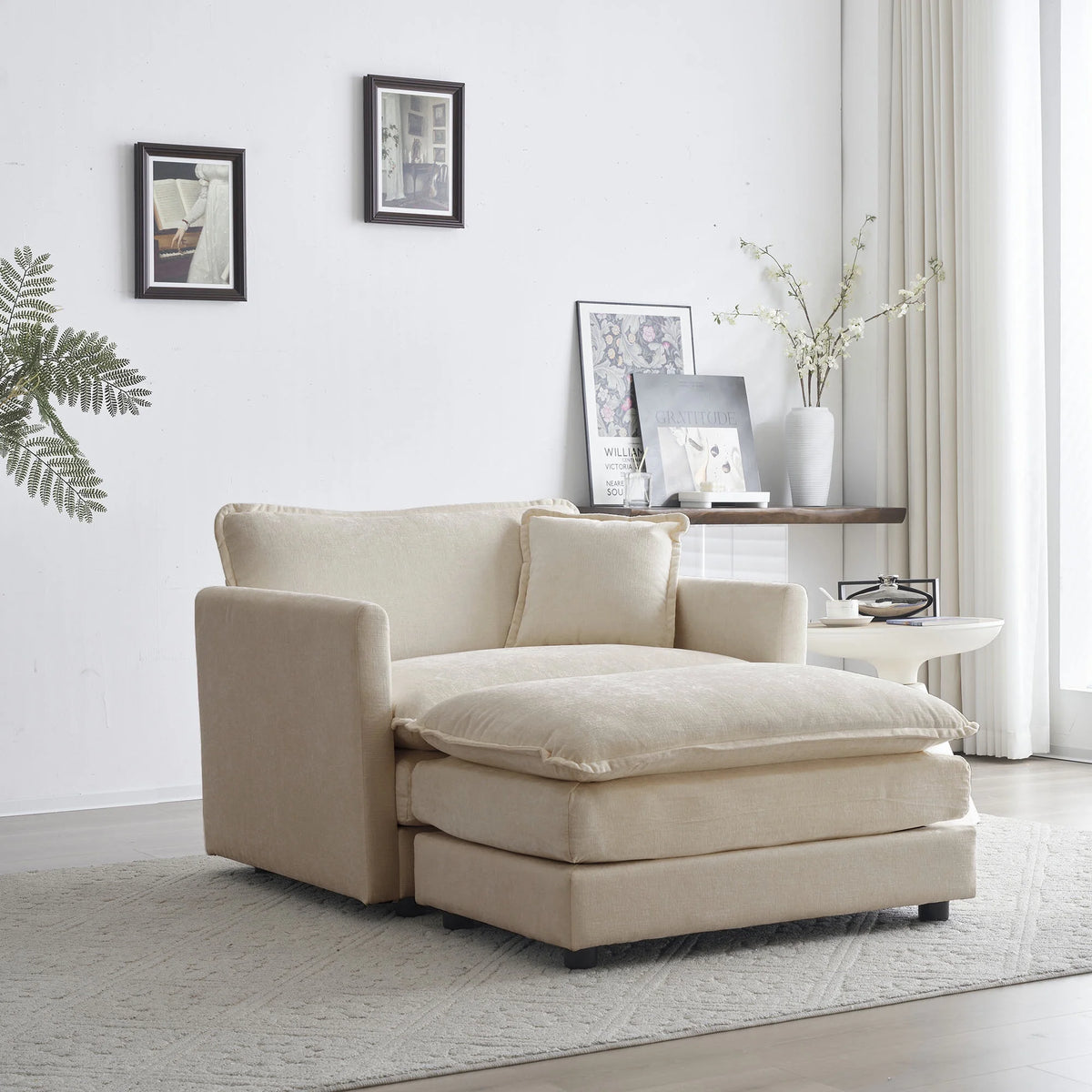Comfy Deep Seat Sofa Chair, Upholstered Chenille Fabric Armchair with Toss Pillow for Living Room, Bedroom - Beige, Sturdy Wood Frame, 22+ Combination Options