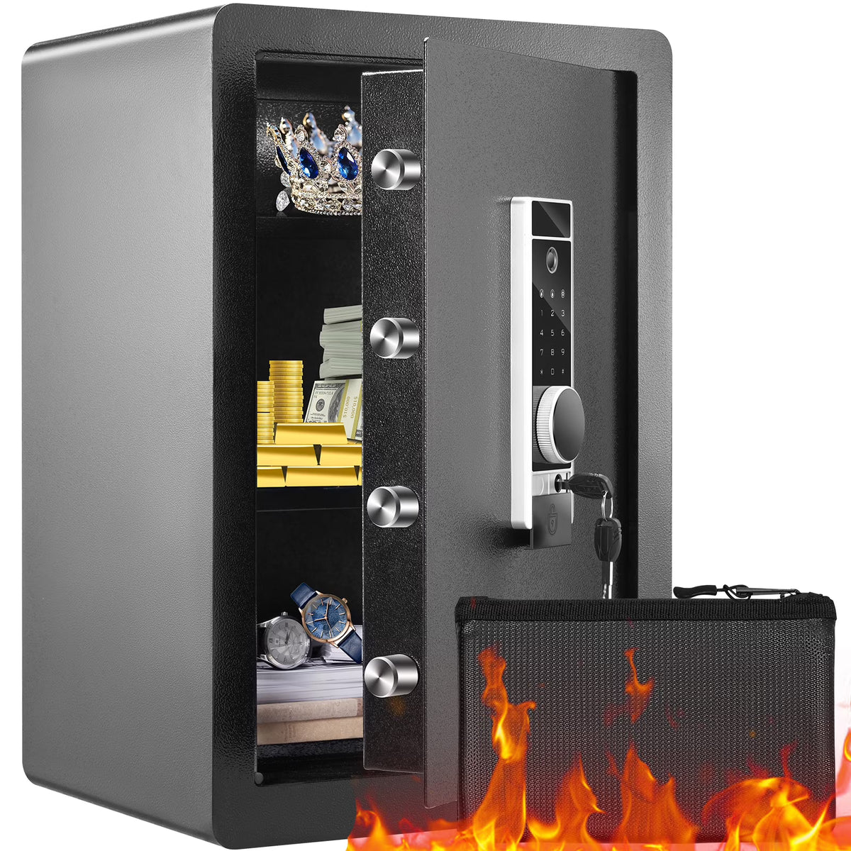 BENTISM Security Safe Box 2.2 Cubic Feet Fingerprint Digital Keypad Lock Box Safe Fingerprint Safe Box with Inner LED Light Fire Resistant Home Safe Steel for Cash Gold 15.75x13x23.6 inch