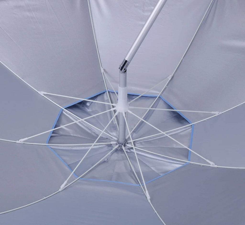 7 ft Fiberglass Tommy Bahama Beach Umbrella for Sand with Folding Anchor Base, Integrated Table, Telescopic Aluminum Pole, UPF 50+, Tilt