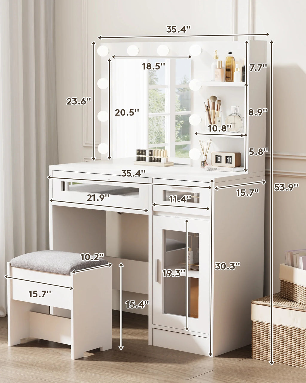 LIVELYGLOW Vanity Desk with Mirror and Lights, Makeup Vanity with Drawer & Storage Shelves, Cabinet, 3 Lighting Modes Adjustable Brightness,White