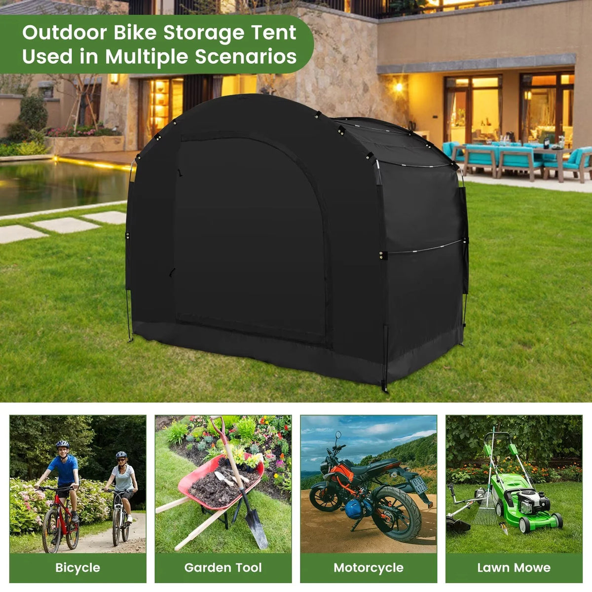 NAIZEA Large Bike Storage Tent, 47" Depth Storage for 6 Bikes Waterproof Outdoor Bicycle Cover, Lawn Mower Garden Tools Shed, Backyard Storage Room Tent Shelter W/Fixing Peg & Rop