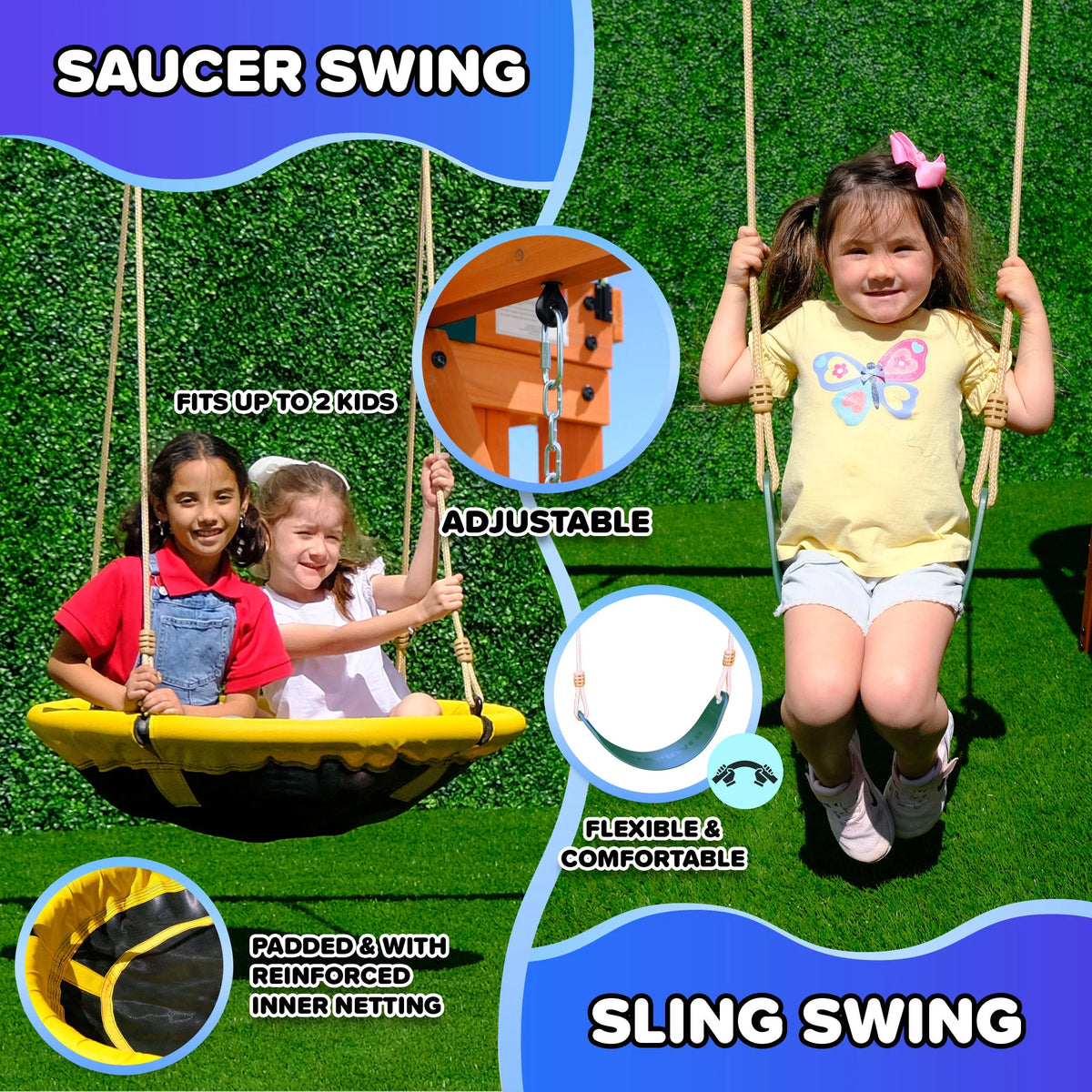 Sportspower Amelia Wooden Swing Set with 2-Person Saucer Swing, 6' Blow Molded Slide, Swing, Play Fort, Heavy Duty Double A-Frame, Lifetime Warranty on Slide
