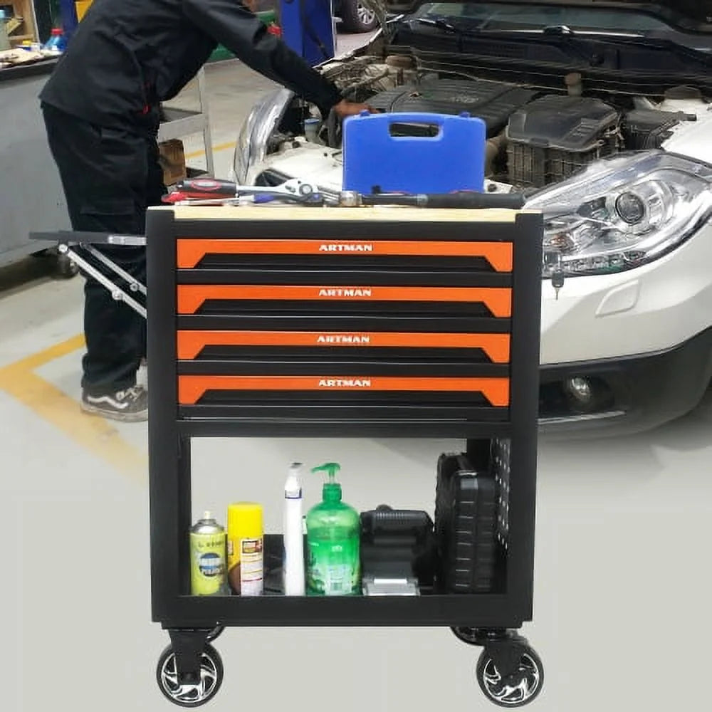 ARTMAN 4-Drawer Tool Cart with Wheels and Drawers ,Wood Top Tool Box Cart for Workshop Warehouse Garage