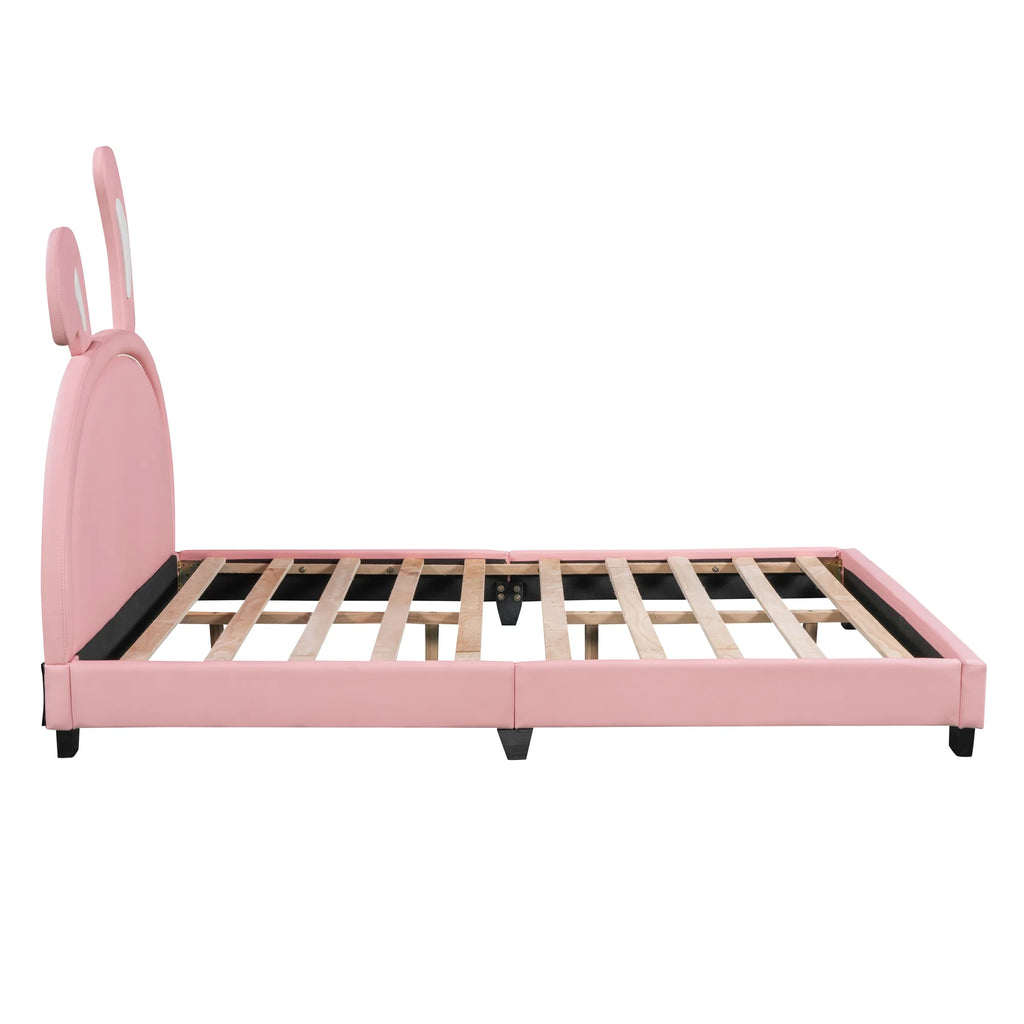 Euroco Upholstered Full Size Platform Bed, PU Cartoon Bunny Bed for Kids, Gray
