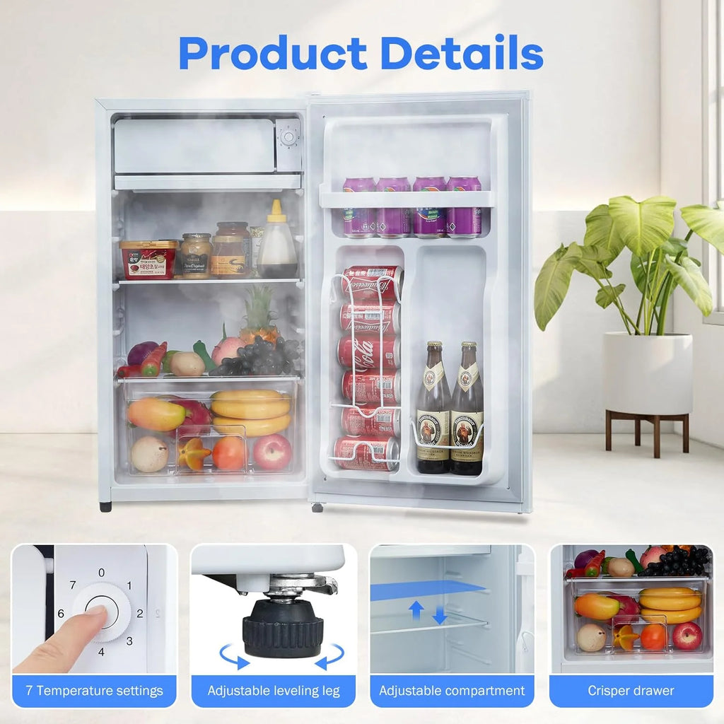 Mini Fridge With Freezer, 3.2 Cu.Ft Mini Refrigerator, Dorm Fridge With Single Door, Compact Refrigerator For Bedroom/Apartment/Office-Food Storage Cooling Drink, White