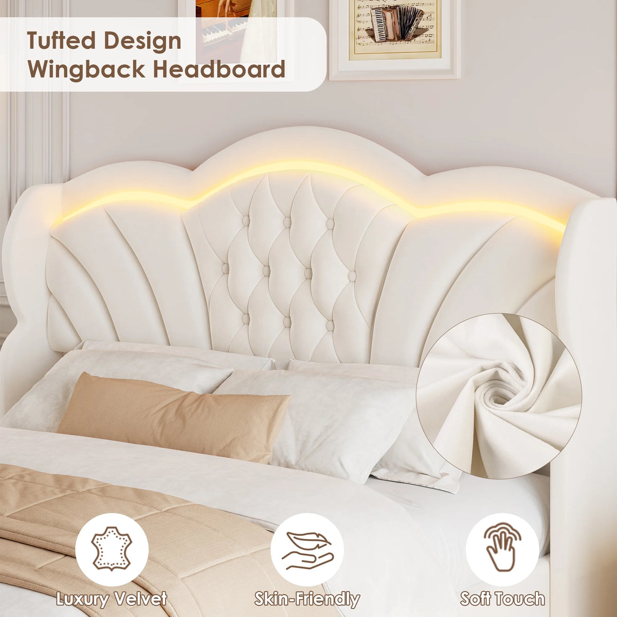 Hiphuta Modern Queen Bed Frame with 2 Drawers, LED Lights Platform Bed Frame, Sturdy Beds Frame with Upholstered Button Tufted Headboard, Velvet White