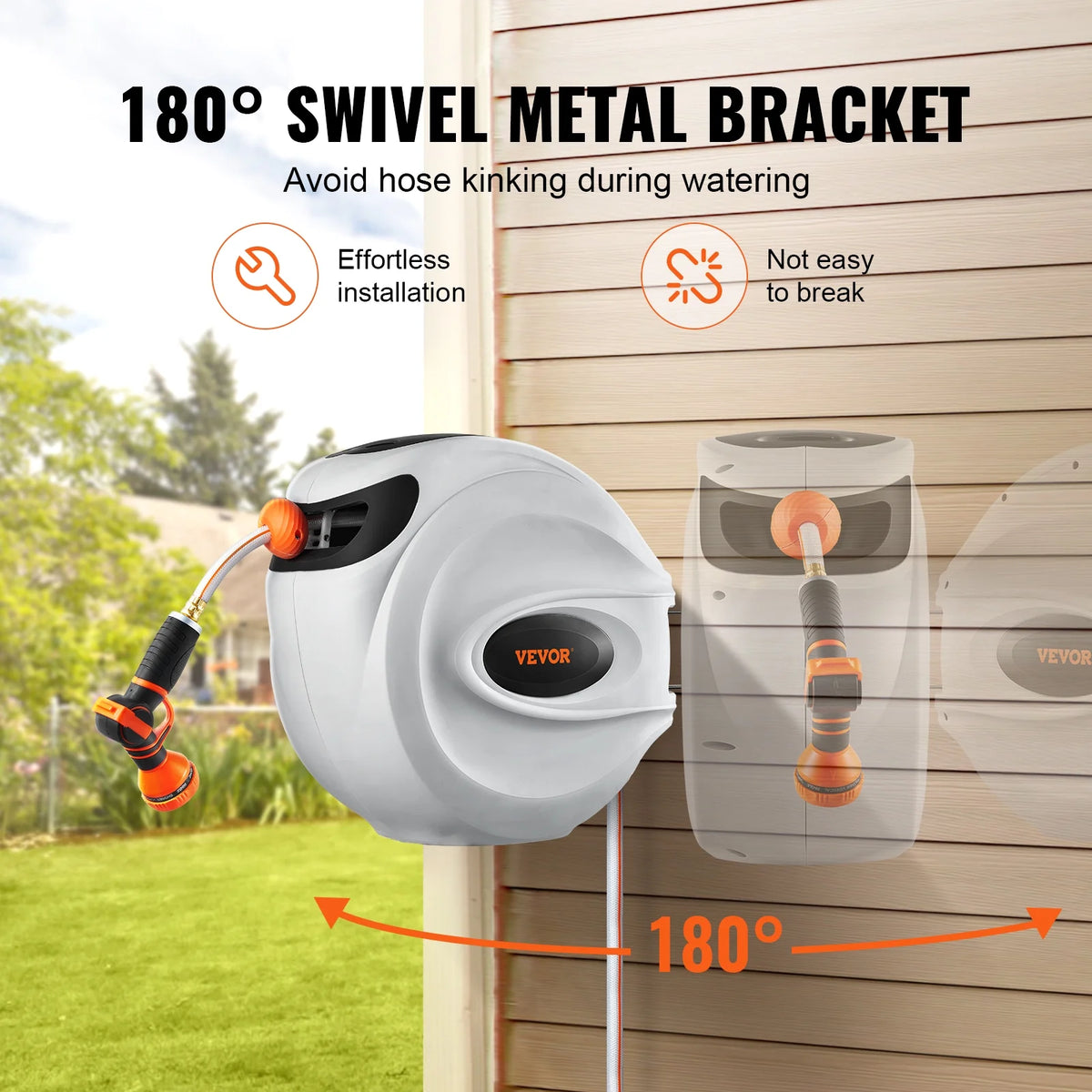 VEVOR Retractable Hose Reel, 84 ft x 5/8 inch, 180 Swivel Bracket Wall-Mounted, Garden Water Hose Reel with 9-Pattern Nozzle, Automatic Rewind, Lock at Any Length, and Slow Return System