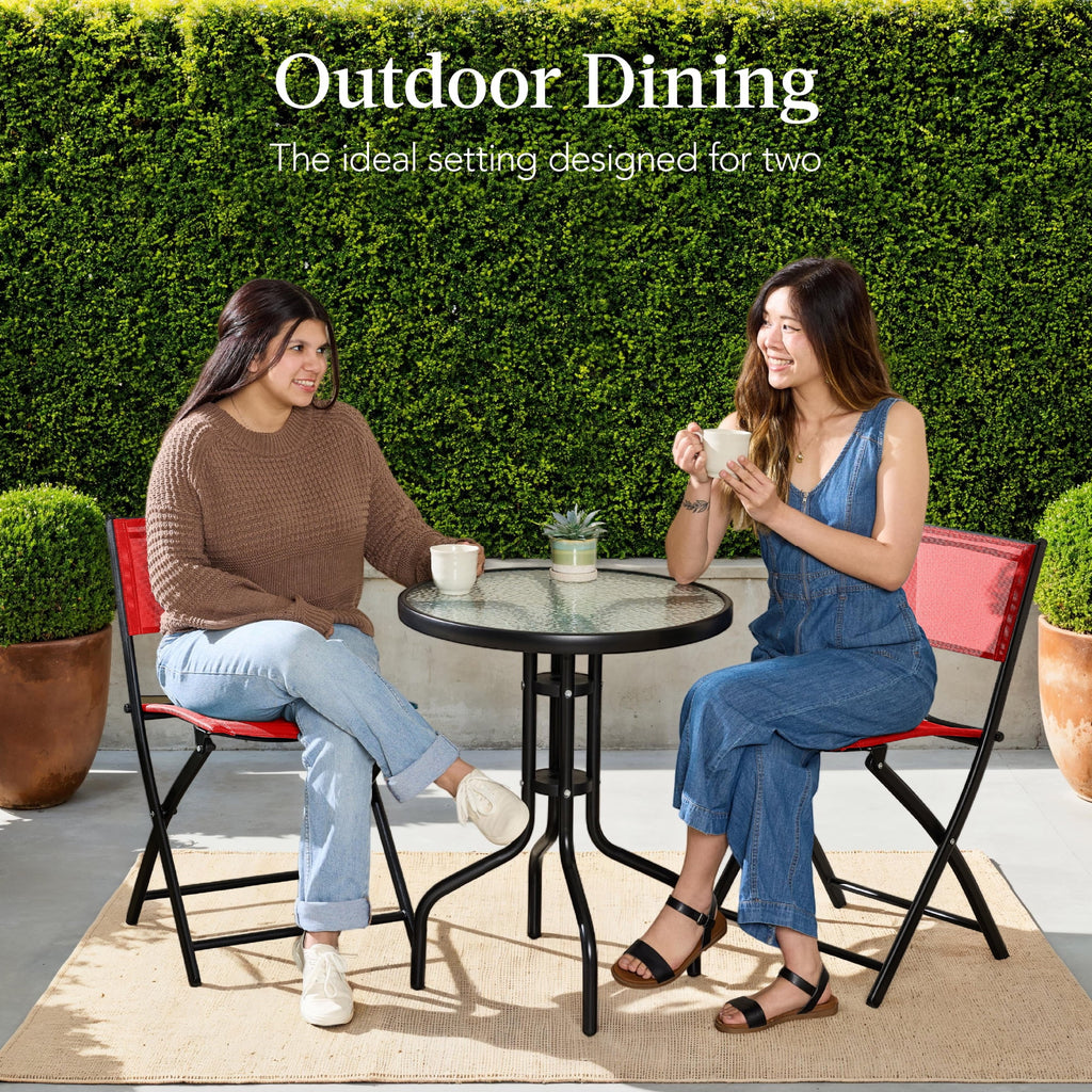 Best Choice Products 3-Piece Patio Bistro Dining Furniture Set w/ Glass Tabletop, Folding Chairs - Gray