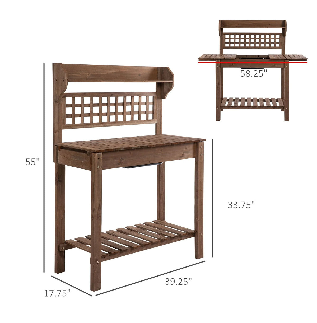 Wooden Potting Station with Storage & Sliding Tabletop - Garden Work Bench for Outdoor Planting - Durable Fir Wood - 39.25" x 17.75" x 55"
