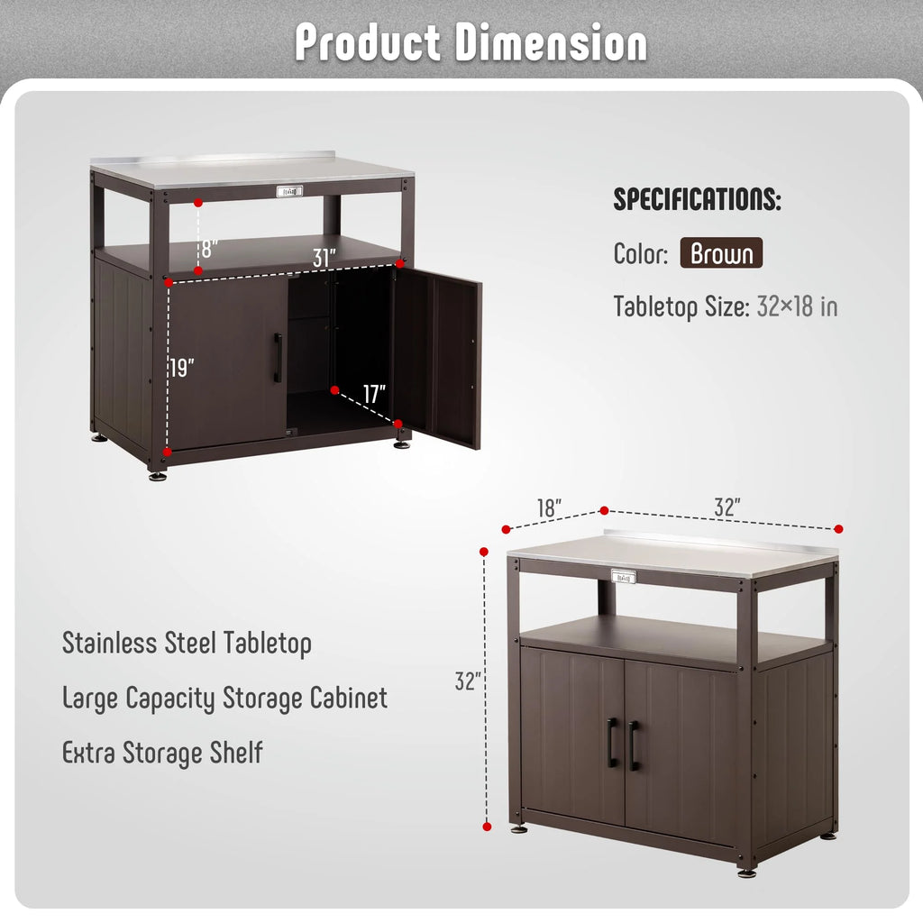 Garden Potting Bench with Storage Cabinet, Outdoor Gardening Table and Plant Workbench, Gardening, with Stainless Steel Tabletop