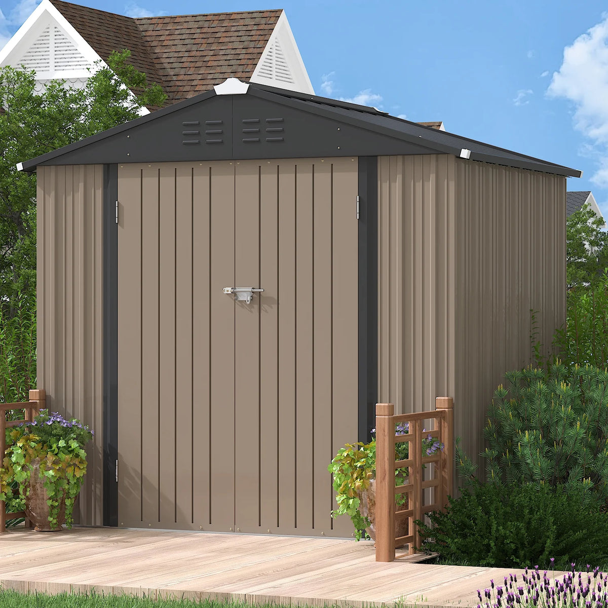 LACOO 4' x 6' Outdoor Storage Metal Shed for Tool Storage, Outdoor House for Backyard & Garden,Brown