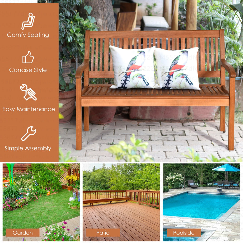 Costway 50'' Two Person Outdoor Garden Bench Loveseat Porch Chair Solid Wood W/Armrest