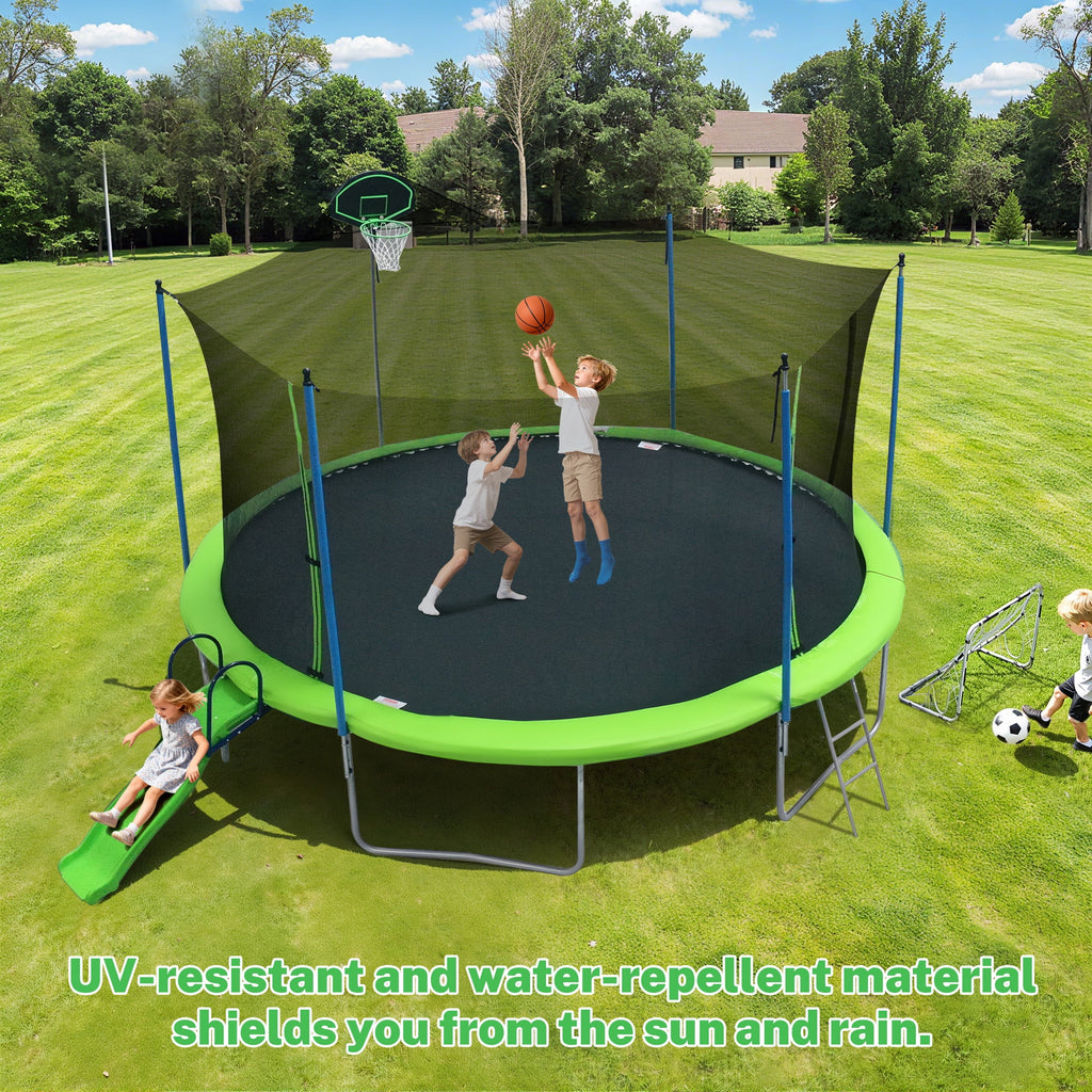 12FT Trampoline with Slide, Swings, SEGMART Recreational Trampoline with Basketball Hoop and Ladder, Heavy Duty Outdoor Backyard Trampoline with Net for Kids and Adults, Green