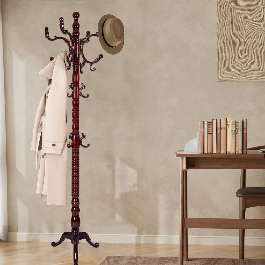 Coat Rack Freestanding, Hall Tree with 11 Hooks, Heavy Duty Wooden Coat Tree Stand, Adjustable Height, Sturdy Base for Bedroom Hallway Office - Load 270lbs