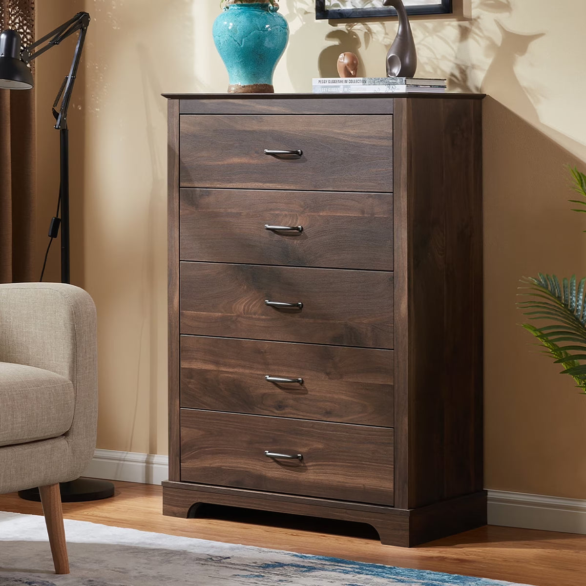 CHITOOMA 5 Drawer Dressers for Bedroom, Adult Tall Wooden Chest of Drawers, Storage Cabine for Living Room Entryway, Gray