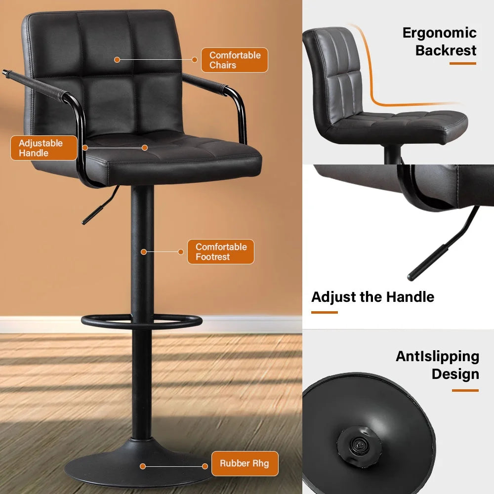 JONPONY Bar Stools Set of 2, Back and Armrest,Vintage Leather Modern Bar Chairs for Home and Kitchen Counter,Black,Low Back