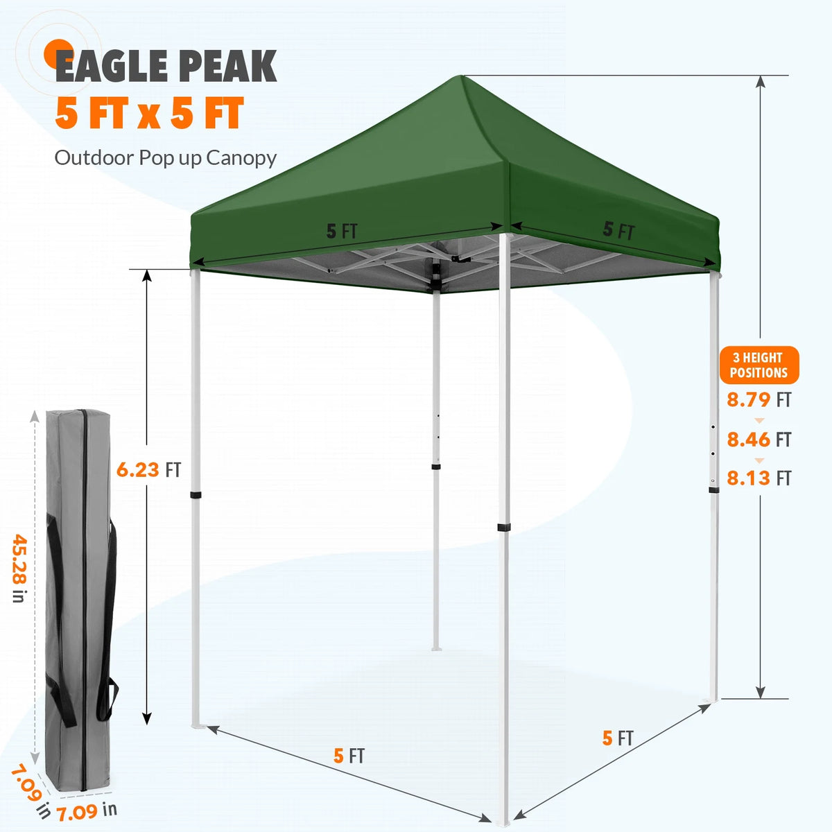 EAGLE PEAK 5x5 Pop Up Canopy Tent Instant Outdoor Canopy Easy Set-up Straight Leg Folding Shelter（Blue）