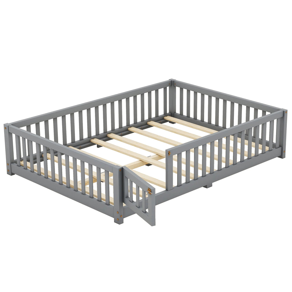 Bellemave Full Size Floor Bed with Door and Fence Floor Bed with Bed Slats Sturdy Wood Floor Bed Montessori Bed Frame (Full, Pink)