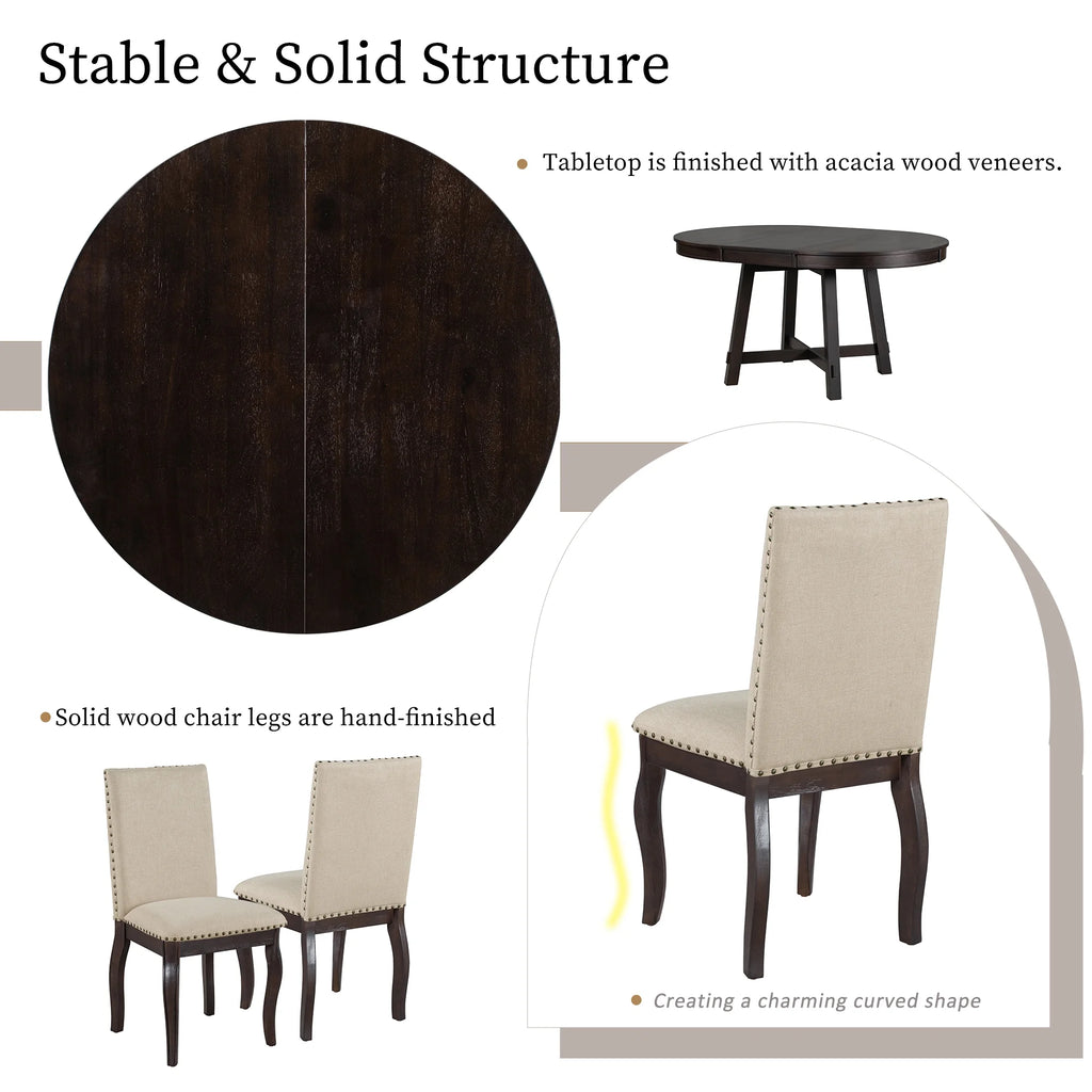 Sumdeal 5-Piece Farmhouse Dining Table Set, Wood Round Extendable Dining Table and 4 Upholstered Dining Chairs (Espresso-1Table 4 Chairs)
