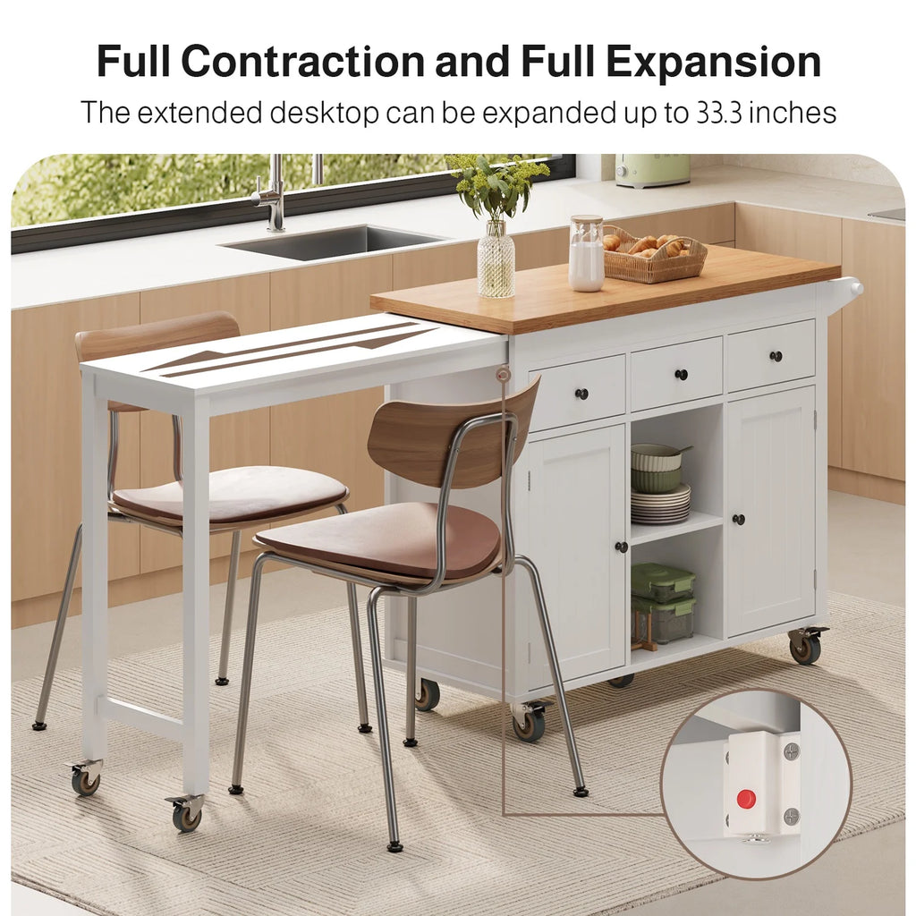 Noelse Rolling Kitchen Island with Drop Leaf Table and Hidden Trash Cabinet, Mobile Kitchen Cart with Storage Drawer, Adjustable Shelves & Rubberwood Countertop on Wheels, White