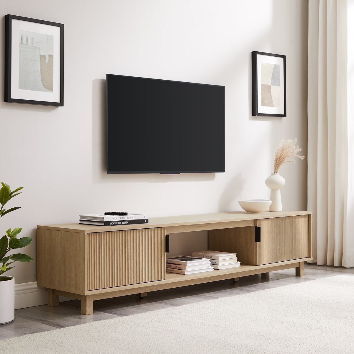 Walker Edison Mid-Century Modern Reeded 2-Door TV Stand for TVs up to 80, Coastal Oak