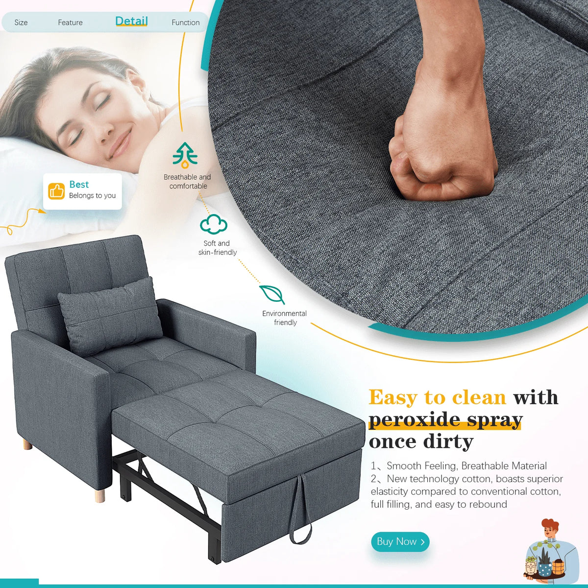 YODOLLA Sleeper Sofa Chair 3 in 1 Sleeper Chairs for Adults Pull Out Chair Bed Sleeper with Extra Pillow and Convertible Backrest Multi-Functional Fold Out Chair Bed for Small Space (Dark Grey)