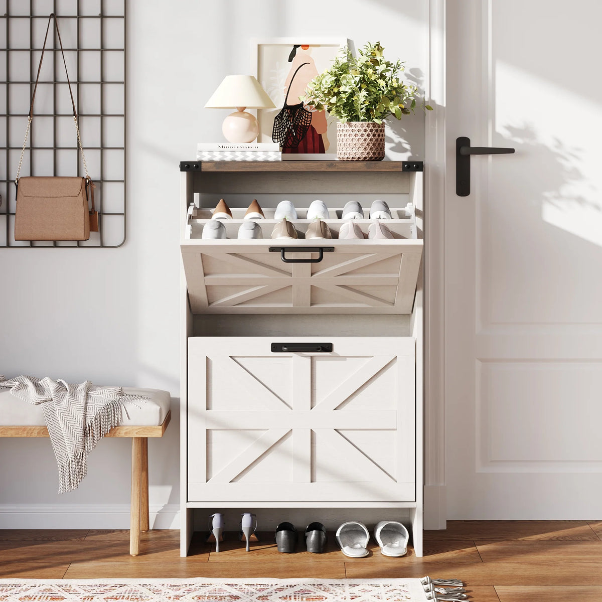 VEANERWOOD Shoes Storage Cabinet With Doors, Farmhouse Shoe Cabinet With 2 Flip Drawers For Entryway,Gray