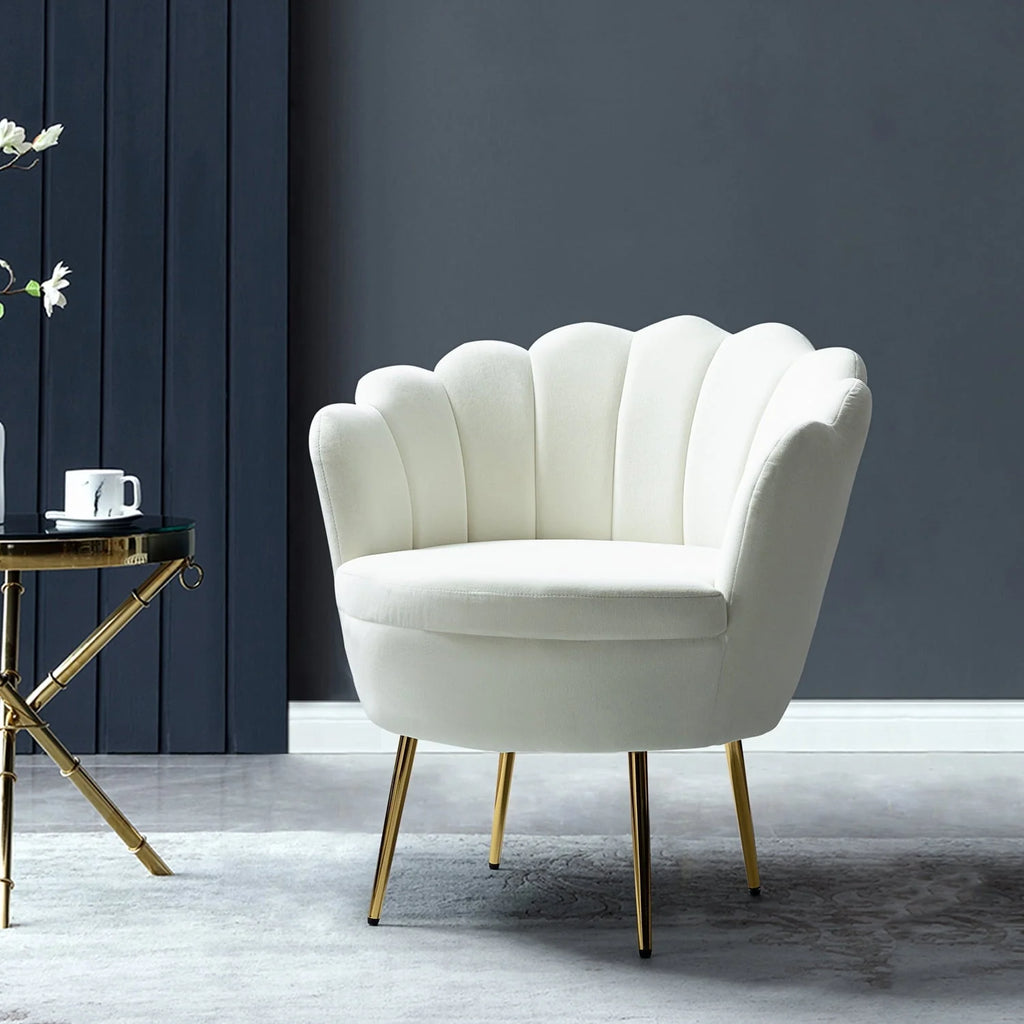 14 Karat Home Seashell Upholstery Barrel Chair with Gold Legs for Living Room, Ivory