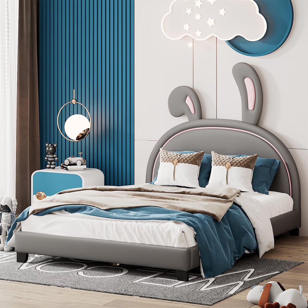 Euroco Upholstered Full Size Platform Bed, PU Cartoon Bunny Bed for Kids, Gray