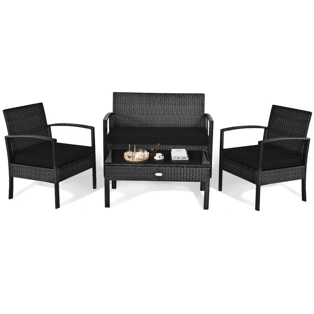 Costway 4PCS Patio Rattan Wicker Furniture Set Loveseat Sofa Cushioned Garden Yard Brown