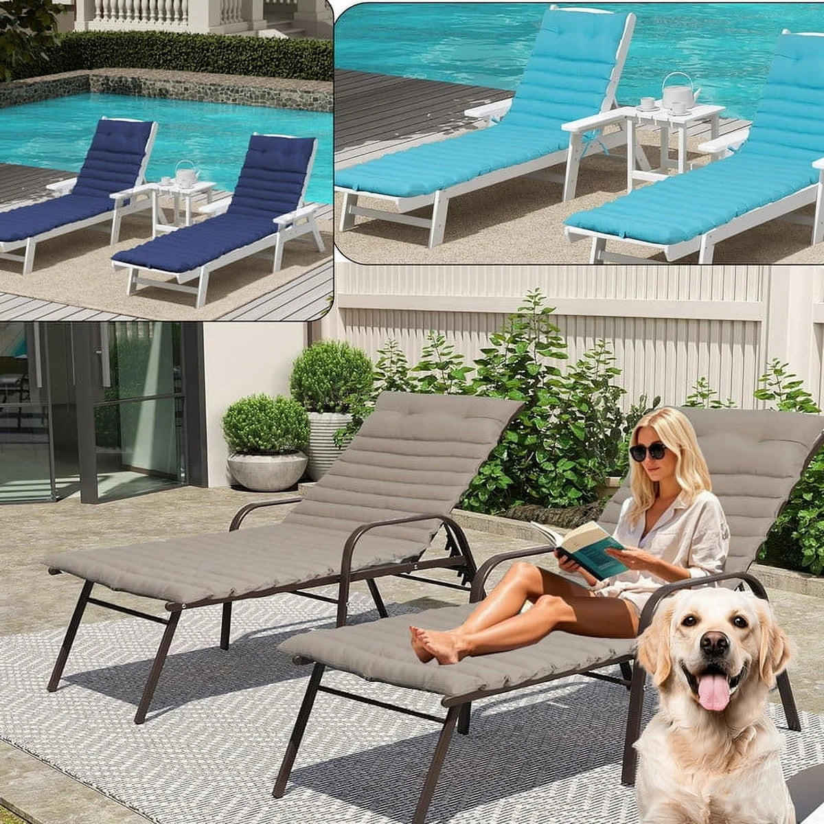 2pcs Outdoor Chaise Lounge Cushions, Waterproof Patio Foldable Chair Cushion for Garden Pool, 73 x 24in Sun Lounger Cushions for Outdoor Furniture Navy blue