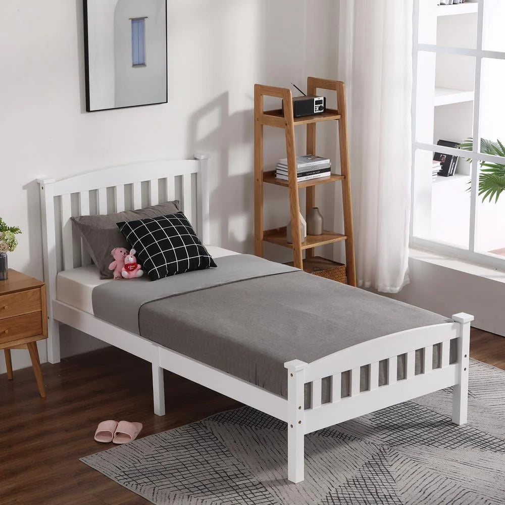 Ktaxon Twin Bed Frame,Solid Pine Wood Kids Twin Platform Bed Frame, Bedroom Twin Bed with Headboard for Adults, White, 78.94 L*42.44 W*39.17 H