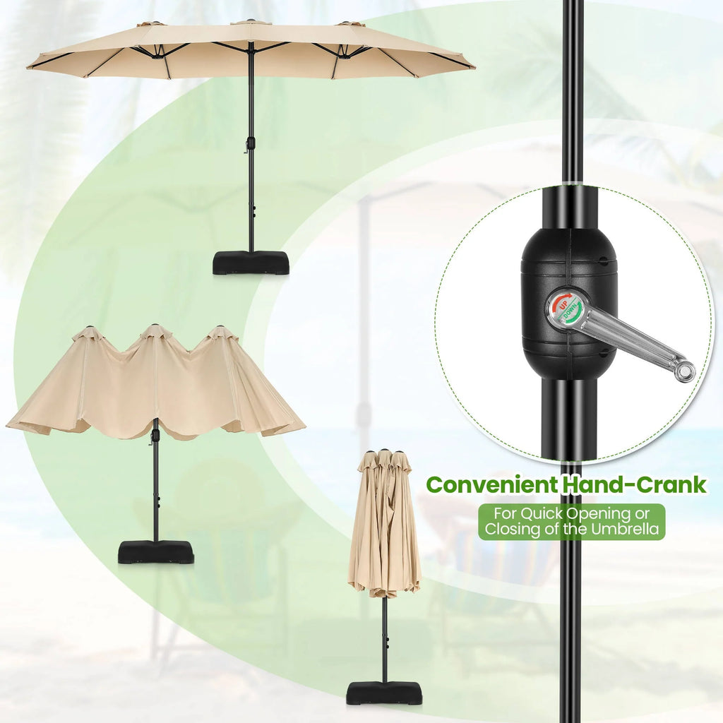 VIBESPARK 15ft Large Outdoor Umbrella Double-Sided Patio Umbrella with Base, Crank Handle, 12 Ribs Rectangular Umbrella for Patio Graden Poolside (Beige)
