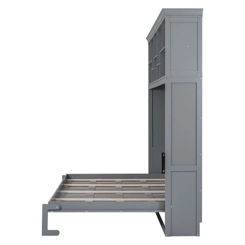 Queen Size Murphy Bed Wall Bed with Top Shelves & USB Charging, Space-Saving Cabinet Bed with Flexible Slats, Gray Modern Foldable Bed