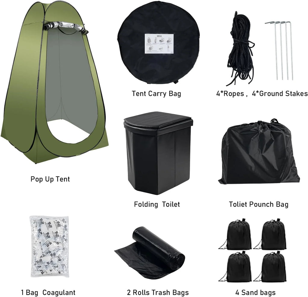 Portable Camping Toilet Kit for Adults, X Large Pop-Up Privacy Tent with Folding Toilet and Outdoor Shower Facilities